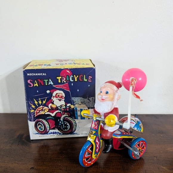 Vintage Other - Vintage Mechanical Santa Tricycle Tin Litho Wind-Up Toy Original Box Holiday